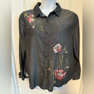 Kensie Denim Floral Embroidered Long Sleeved Button Down Shirt, XL